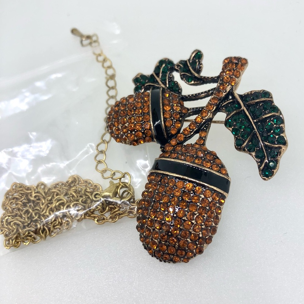 Fall themed Rhinestone acorn brooch necklace